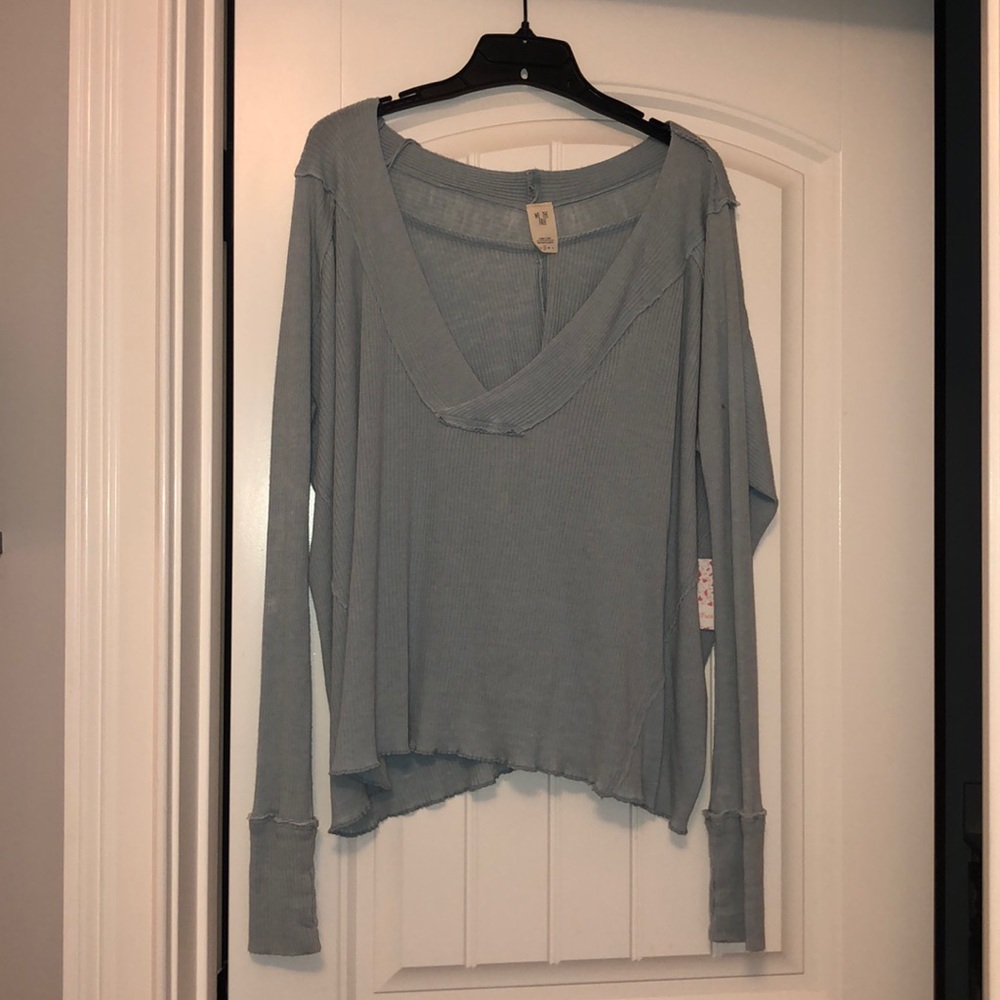 blue deep V free people shirt, has thumb holes